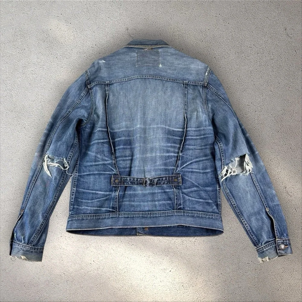 True Religion Jacket Mens XL Kyle Buckle Back Denim‎ Snap Trucker Distressed